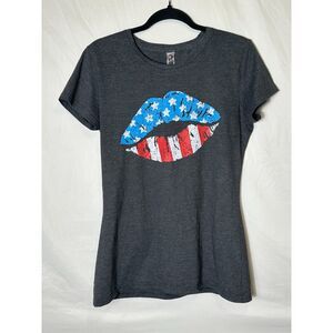 Instant Message Women's US Flag Lips Tee Size M Patriotic Dark Gray Casual